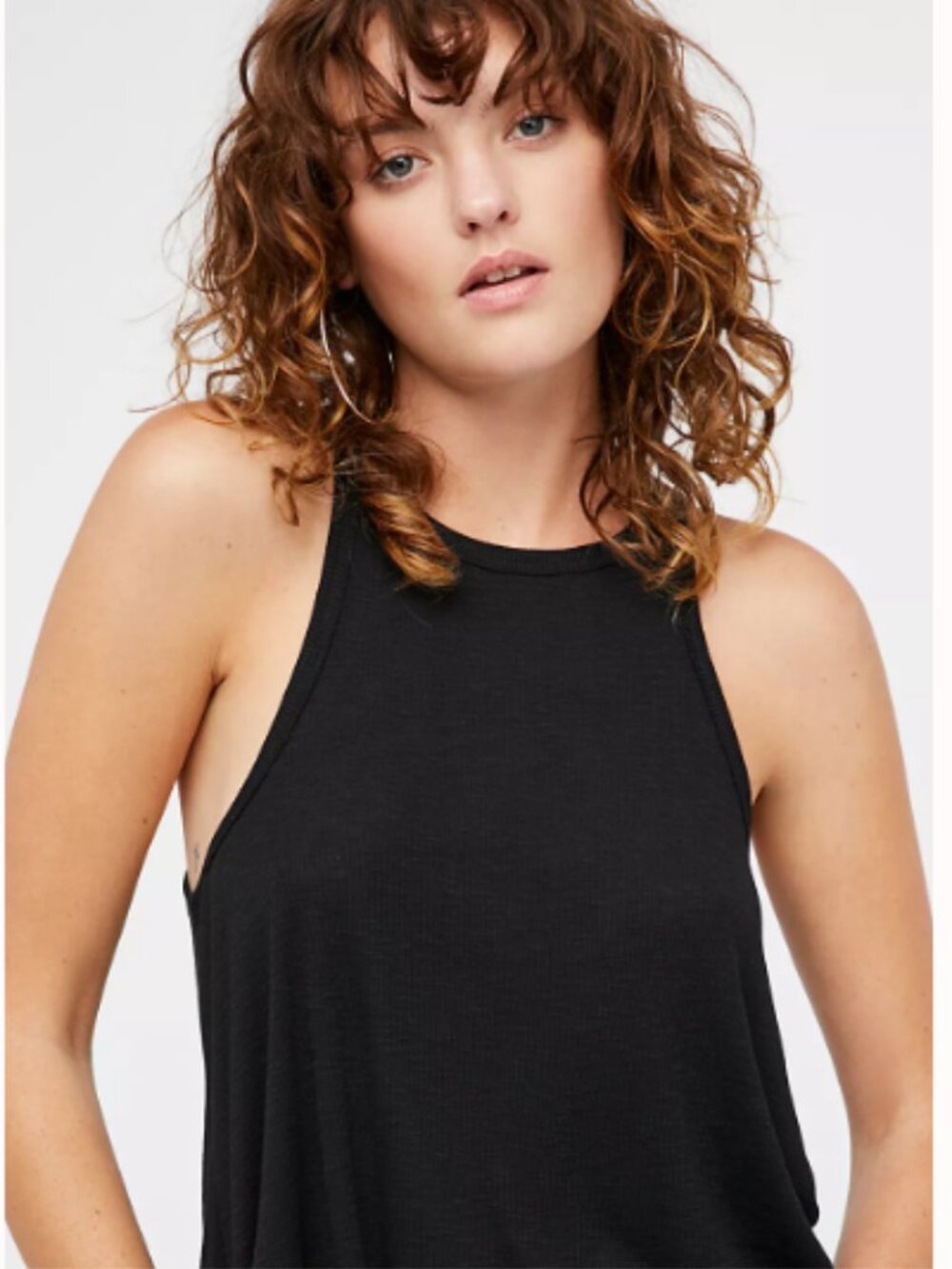 Free People Long Beach Tank Top Black Ribbed Racerback Swing Flowy Made in USA S